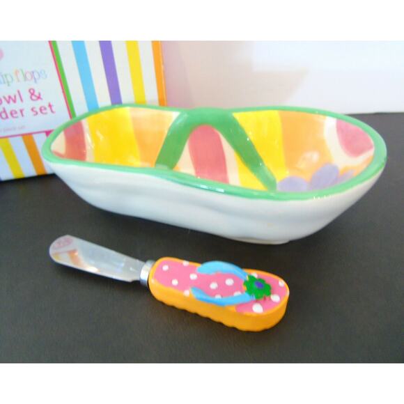 Boston Warehouse Dip Bowl Spreader Set Beach Luau Flip Flop Shape Appetizer Dish - Picture 2 of 5